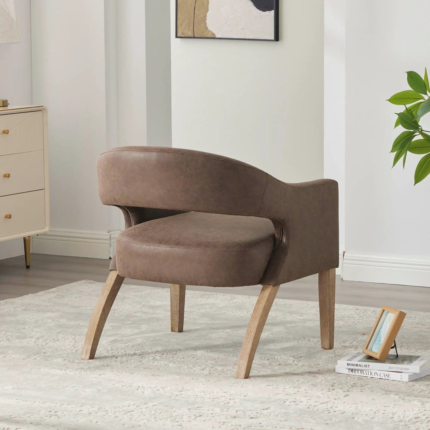Upholstered open-back armchair with weathered rubberwood legs in brown fabric on Tampa Home & Garden Store
