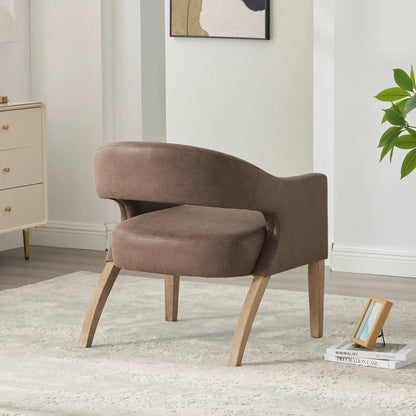 Upholstered open-back armchair with weathered rubberwood legs in brown fabric on Tampa Home & Garden Store