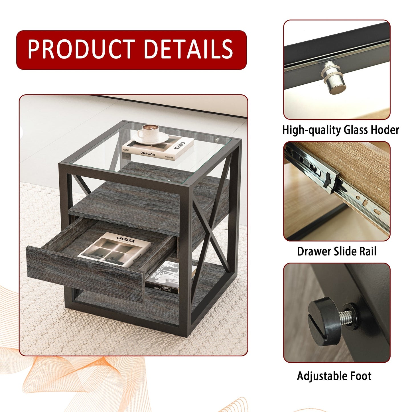 Nightstands Set of 2 modern end tables with drawers, glass tops, black metal frame on Tampa Home & Garden Store