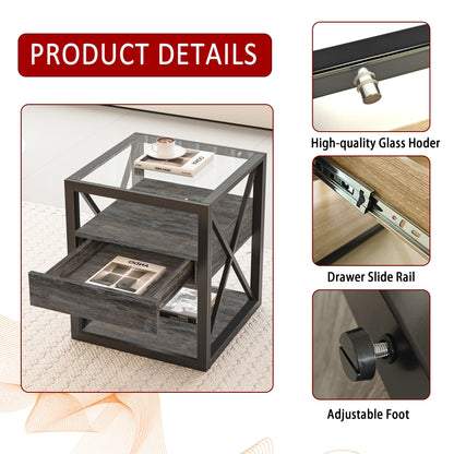 Nightstands Set of 2 modern end tables with drawers, glass tops, black metal frame on Tampa Home & Garden Store