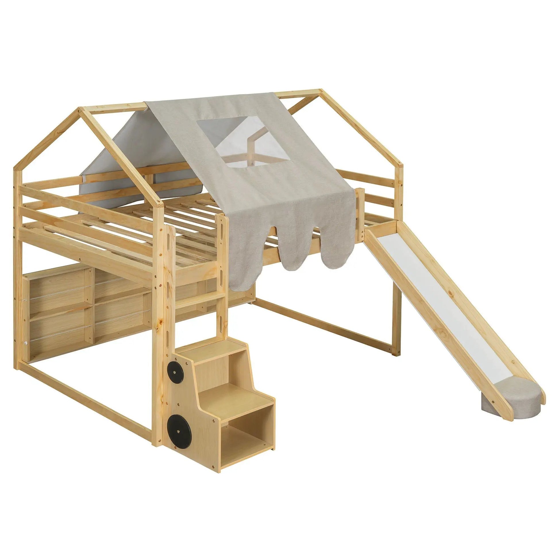 Loft bed with house-frame and fabric tent, natural wood finish, stairs with storage and slide on Tampa Home & Garden Store