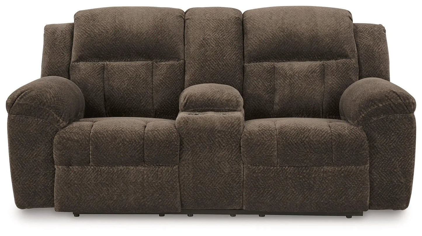Frohn double reclining loveseat with console in brown textured fabric Unique Piece Furniture on Tampa Home & Garden Store