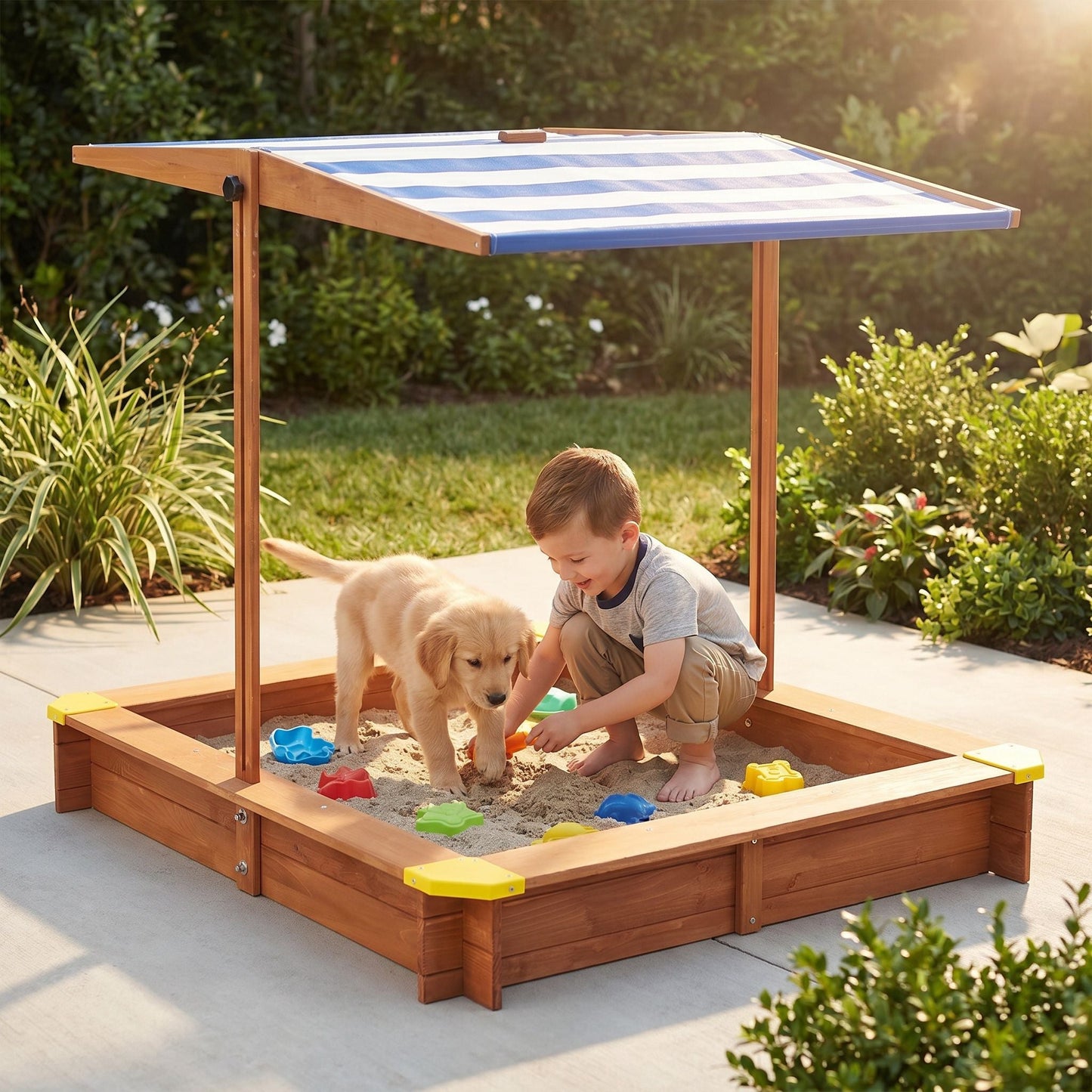 Large Outdoor Wooden Sandbox With Canopy