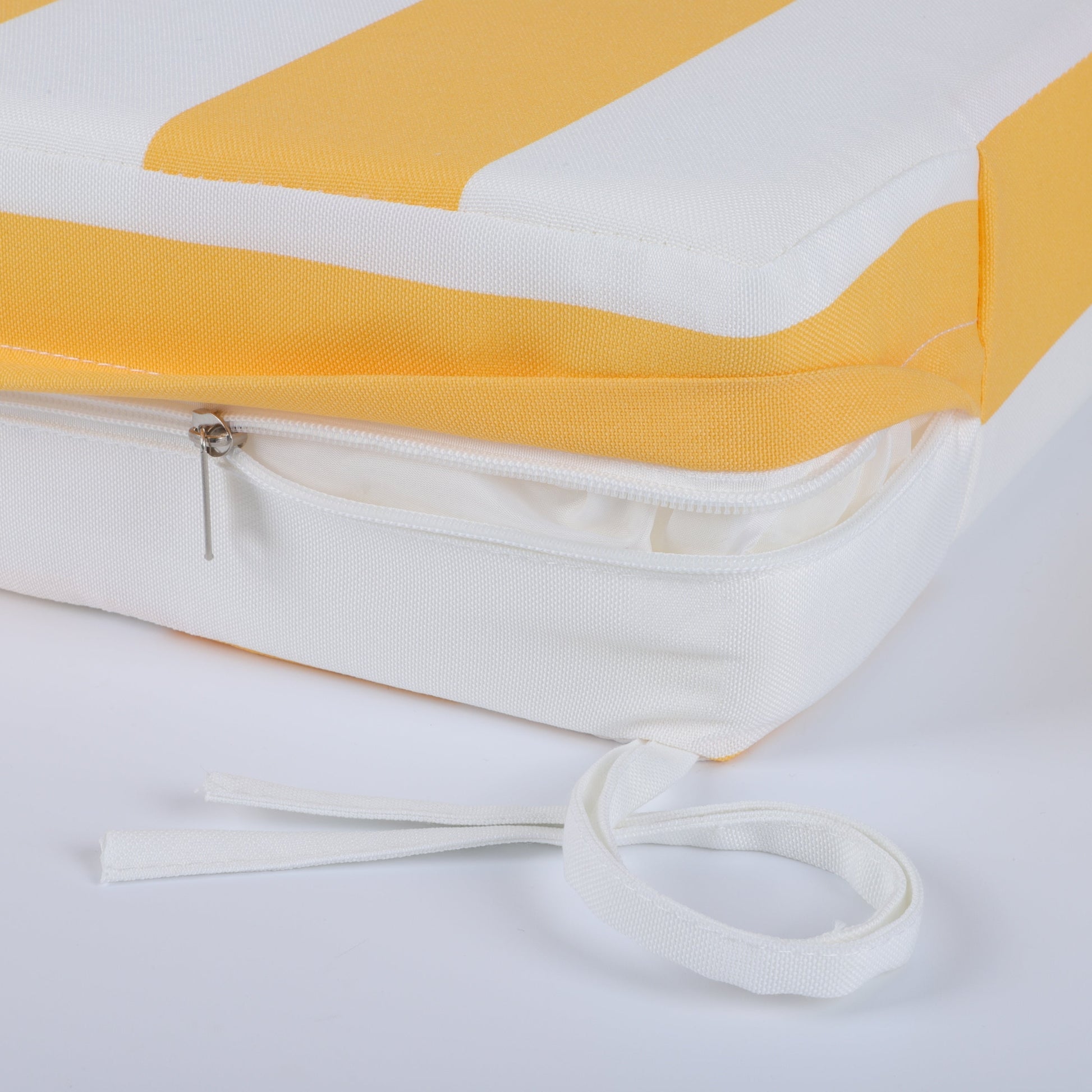 24x24 Inch Outdoor Deep Seat Cushion Set yellow and white striped with zipper and ties on Tampa Home & Garden Store