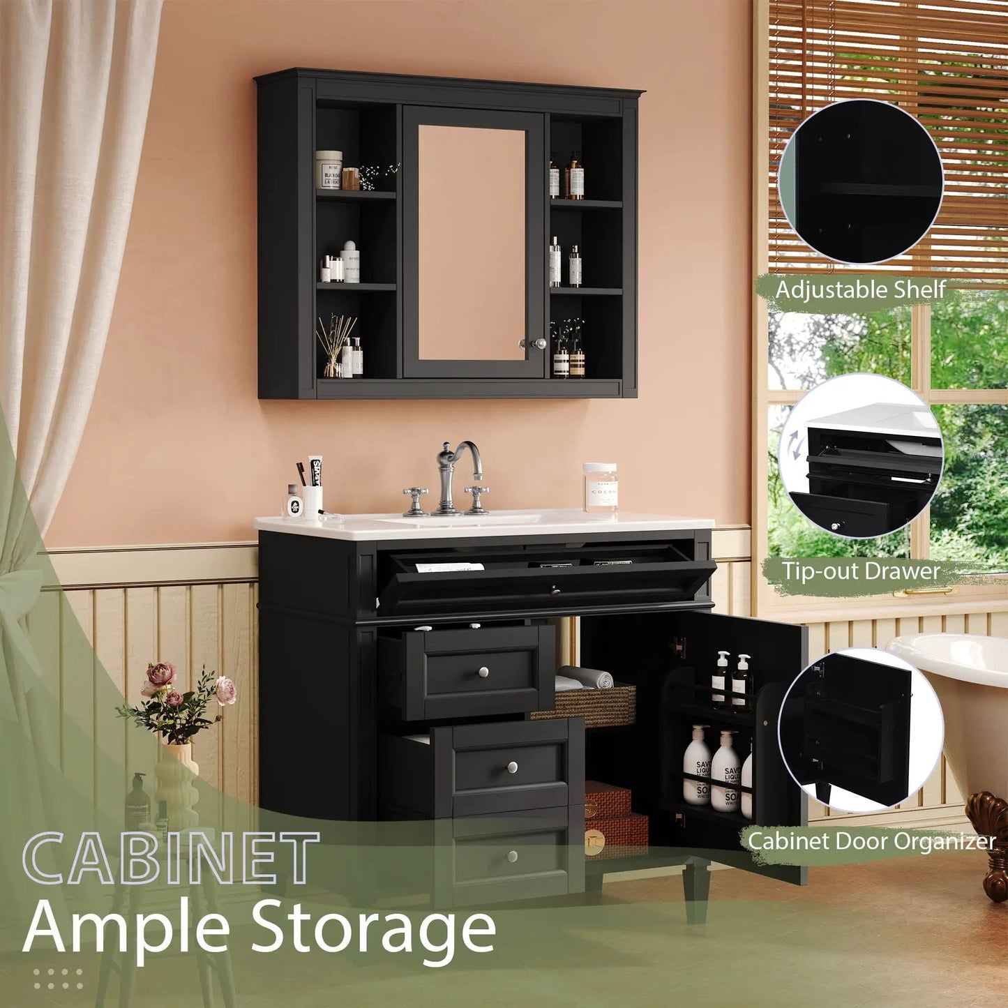 Bathroom vanity with mirror cabinet, black finish, single sink, soft-closing doors and 4 drawers on Tampa Home & Garden Store