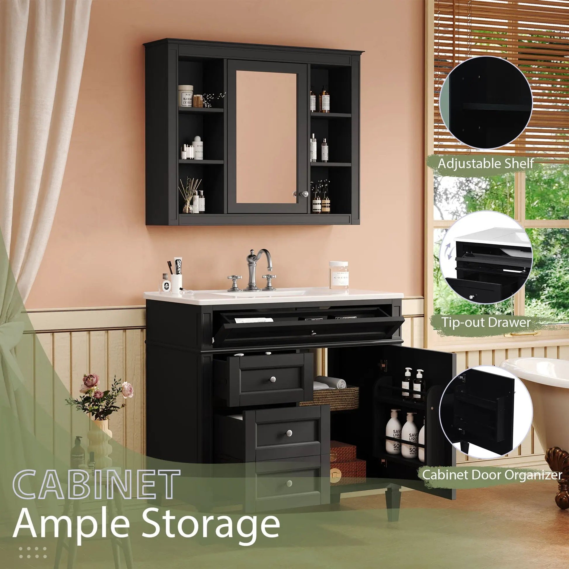Bathroom vanity with mirror cabinet, black finish, single sink, soft-closing doors and 4 drawers on Tampa Home & Garden Store