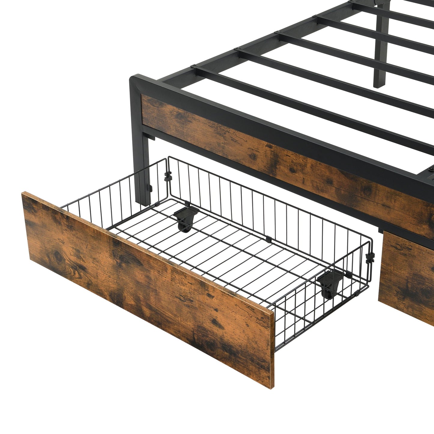 Modern storage bed frame in black metal with rustic wood panel and wire basket storage on Tampa Home & Garden Store