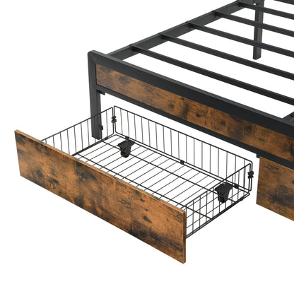 Modern storage bed frame in black metal with rustic wood panel and wire basket storage on Tampa Home & Garden Store