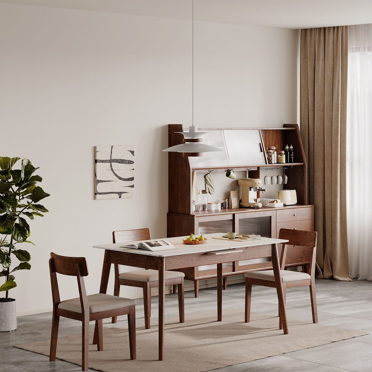 Telescopic Wood Dining Table with Extendable Top in walnut, four chairs and sideboard on Tampa Home & Garden Store
