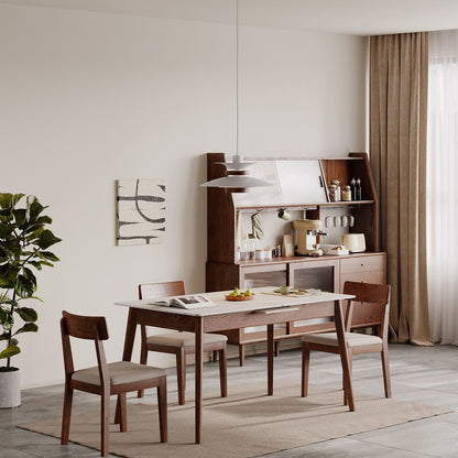Telescopic Wood Dining Table with Extendable Top in walnut, four chairs and sideboard on Tampa Home & Garden Store