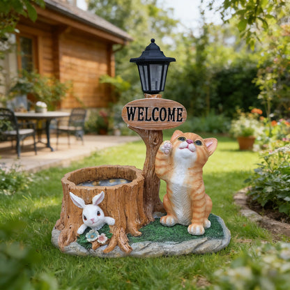 Cute Cat Planter Statue Garden Decor with orange cat beside a Welcome sign and lantern on stump on Tampa Home & Garden Store