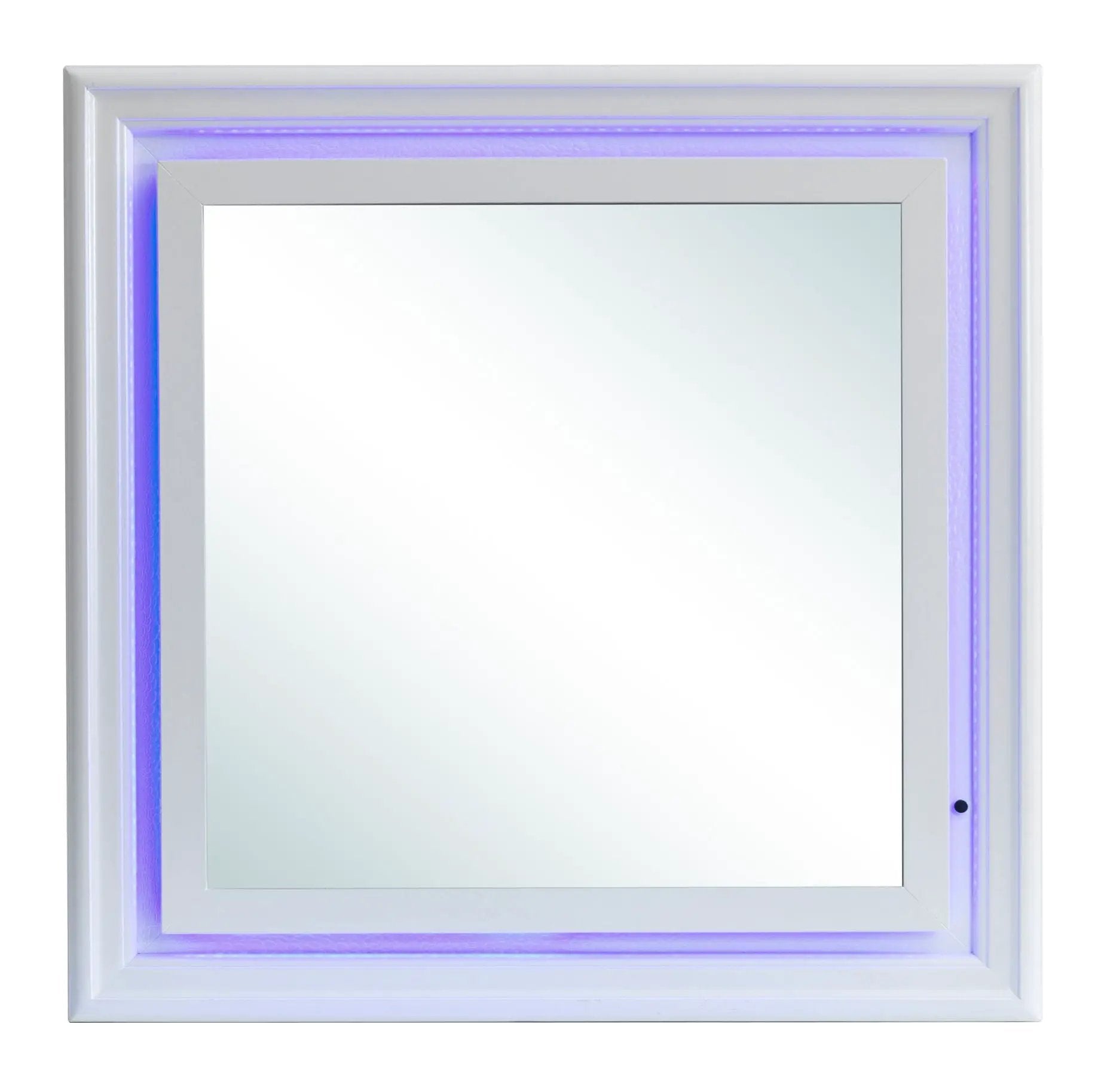 Lorana Elegant Transitional LED Mirror by Unique Piece Furniture, white frame with purple glow on Tampa Home & Garden Store
