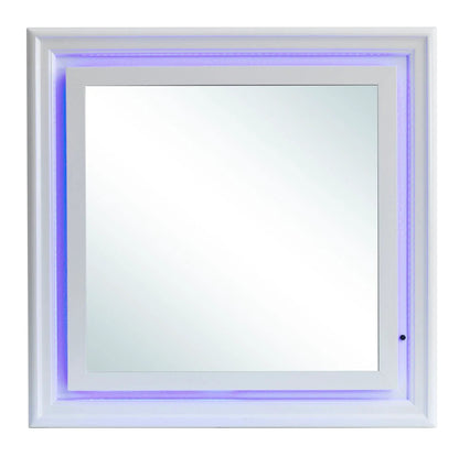 Lorana Elegant Transitional LED Mirror by Unique Piece Furniture, white frame with purple glow on Tampa Home & Garden Store