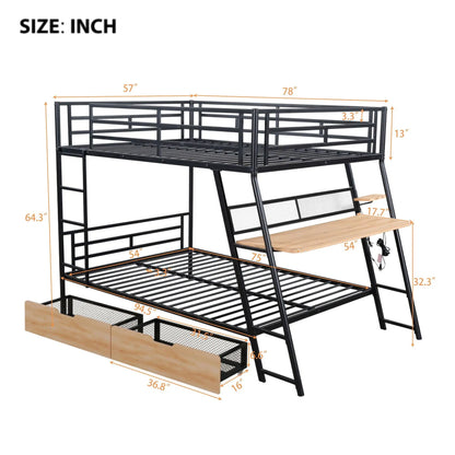 Full-size bunk bed with built-in desk and light, black metal frame, 2 drawers on Tampa Home & Garden Store