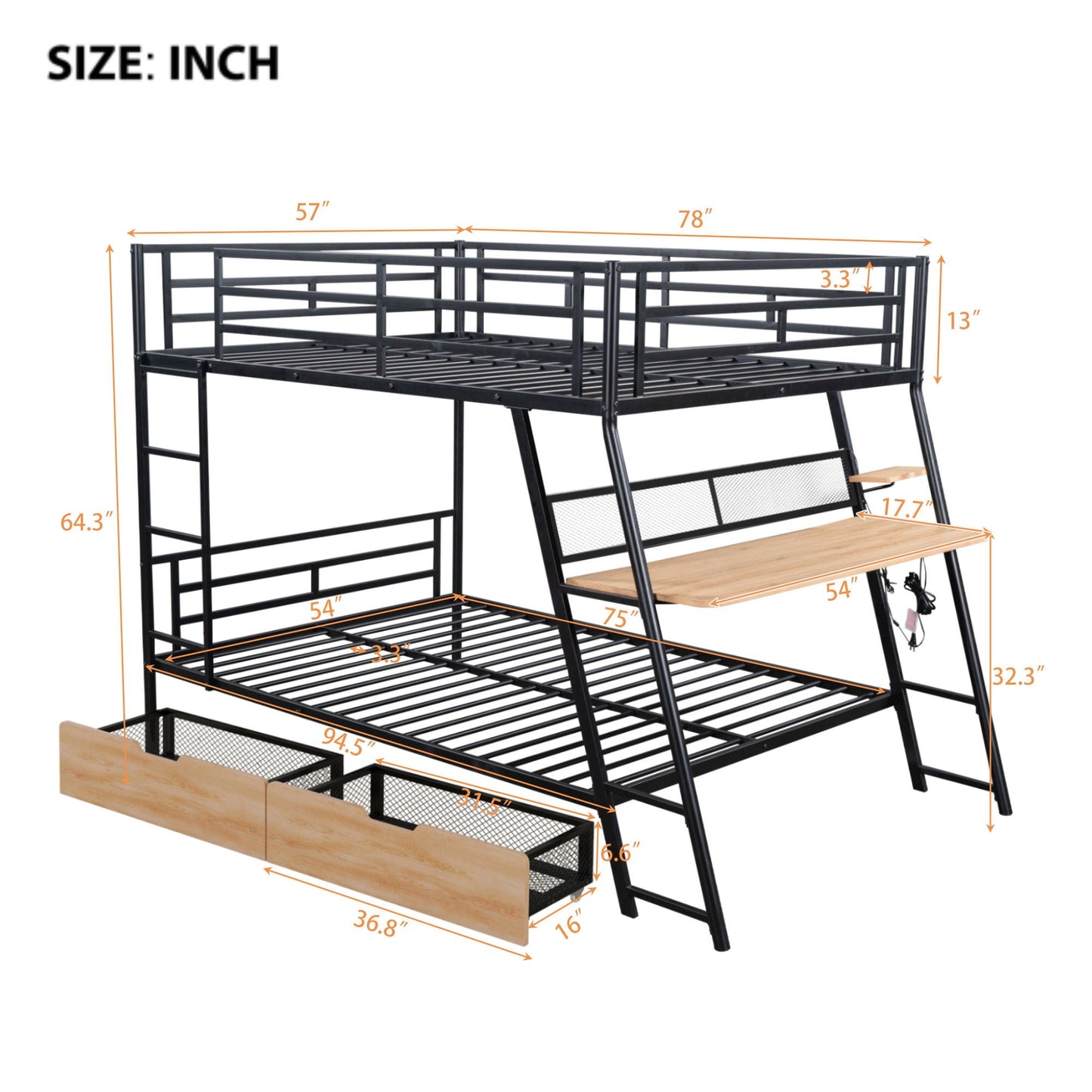 Full-size black bunk bed with built-in desk, light, and two drawers by HouseOfZazla on Tampa Home & Garden Store