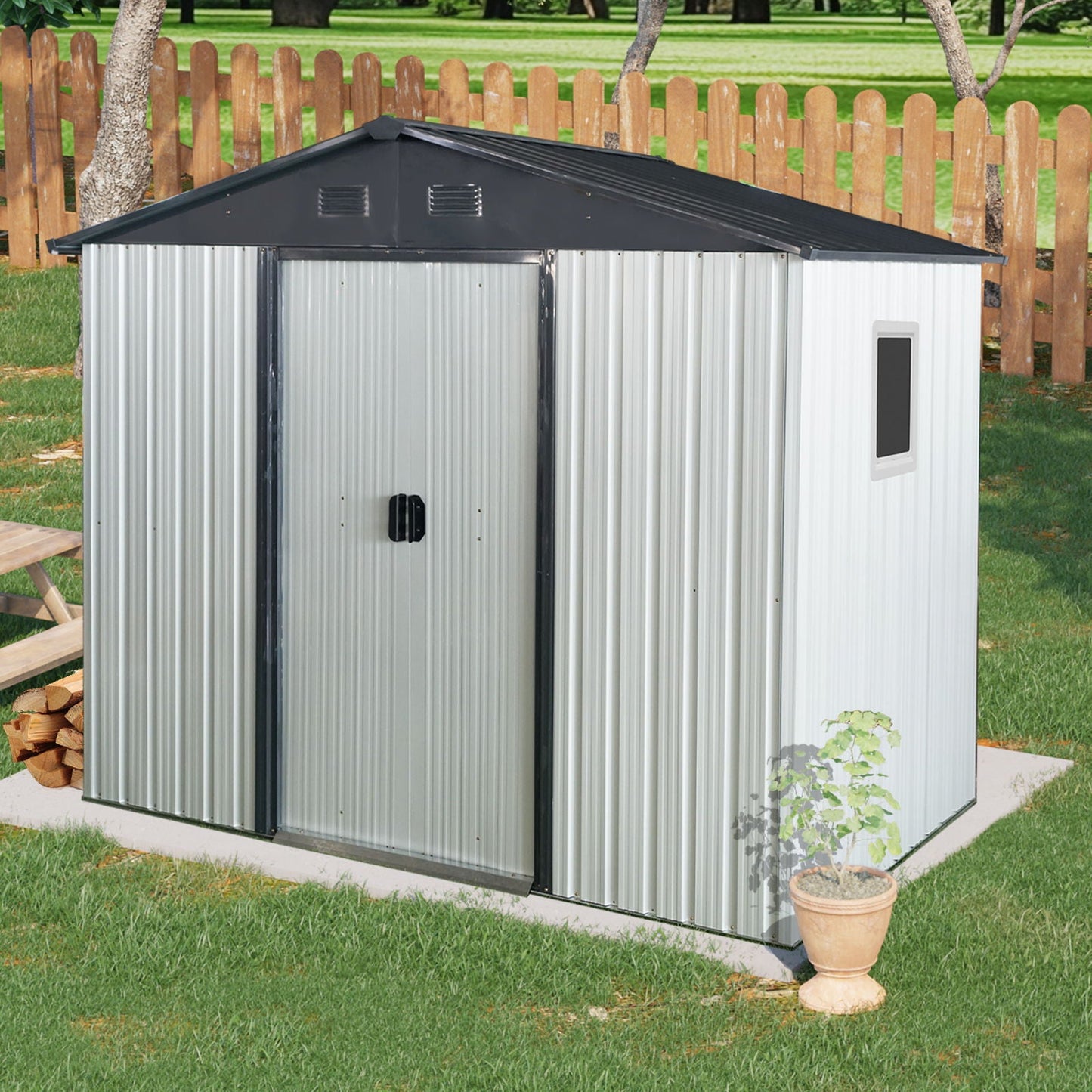8 Ft Metal Shed With a Window and Sliding Doors