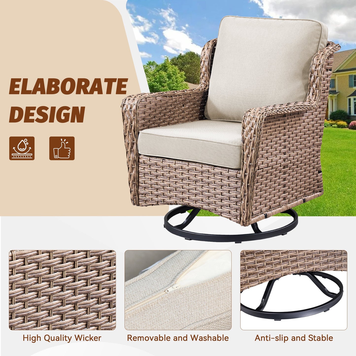 2-Person outdoor wicker swivel rocker seating group with beige cushions by HouseOfZazla on Tampa Home & Garden Store