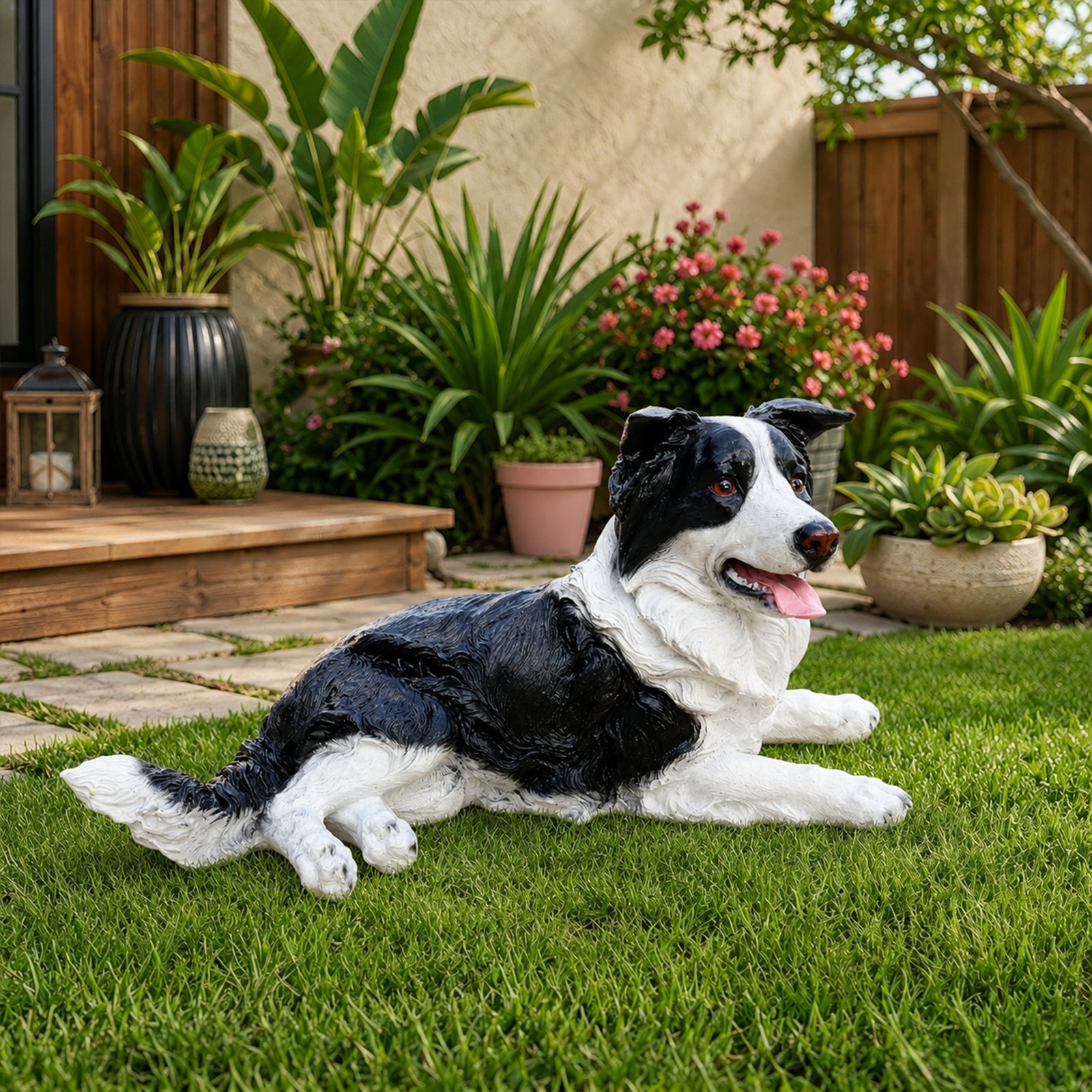 Border Collie garden statue greeter, lying black and white dog sculpture for yard decor on Tampa Home & Garden Store