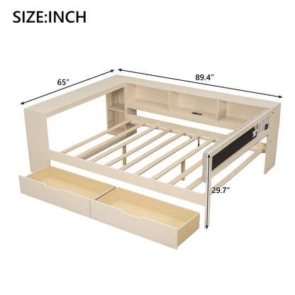 Upholstered platform bed with built-in storage drawers and shelves in cream finish on Tampa Home & Garden Store