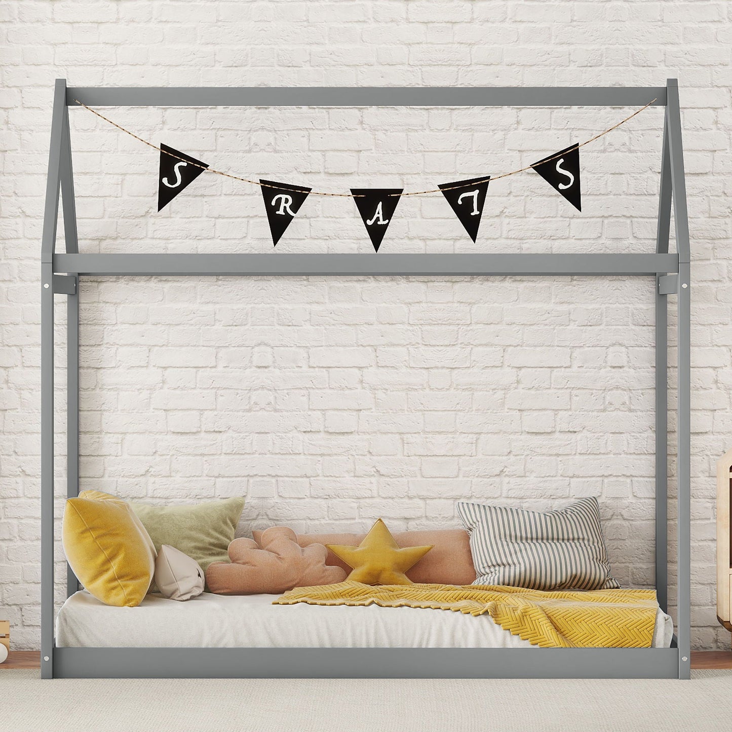 Wooden house-shaped platform bed in gray finish by HouseOfZazla on Tampa Home & Garden Store