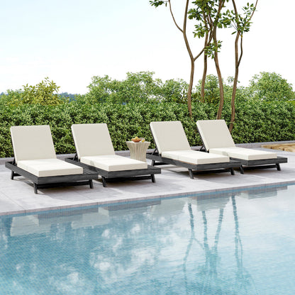 Acacia wood outdoor chaise with durable white cushion and dark frame, sunloungers by pool on Tampa Home & Garden Store