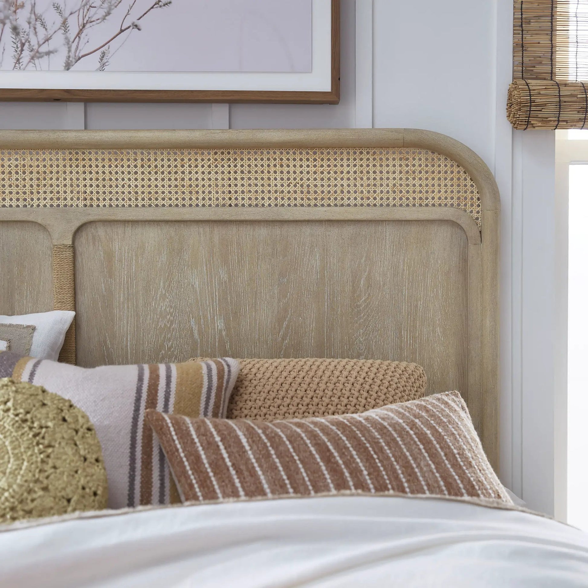 Sunset Cove panel bed by Unique Piece Furniture with natural wood frame and cane headboard on Tampa Home & Garden Store