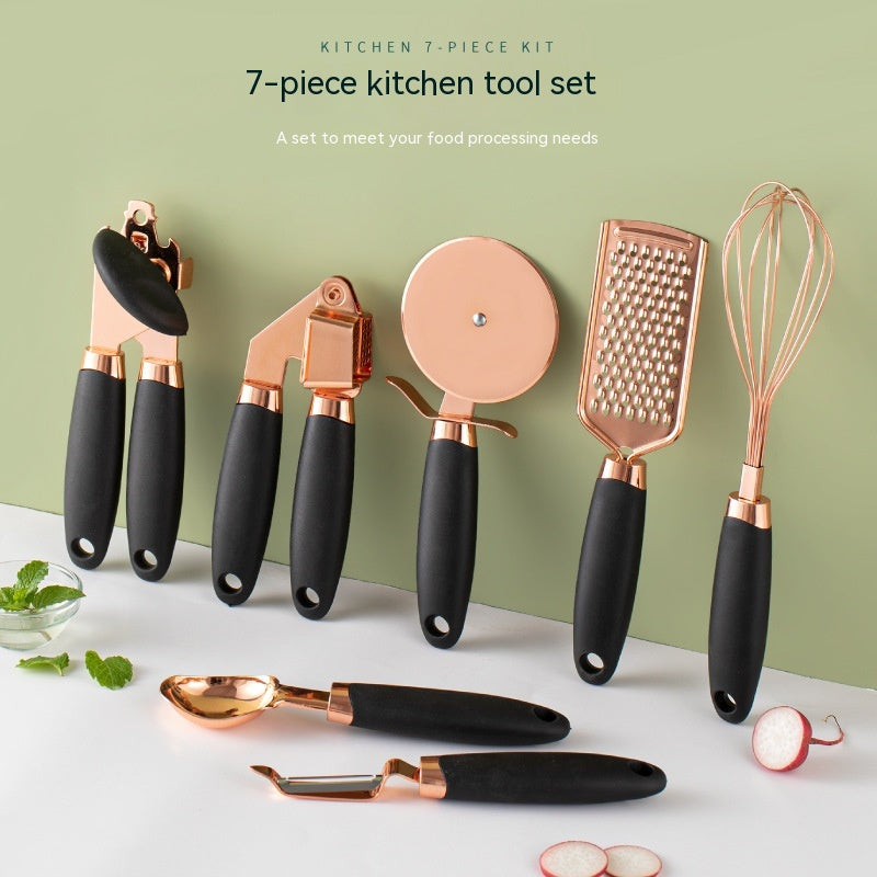 Copper-plated 7-piece kitchen tool set with black handles by Perfecsy on Tampa Home & Garden Store