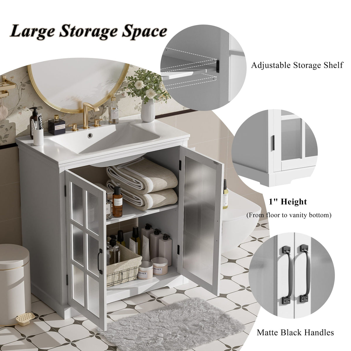 Modern bathroom vanity with ceramic sink and tempered glass doors, gray cabinet by HouseOfZazla on Tampa Home & Garden Store