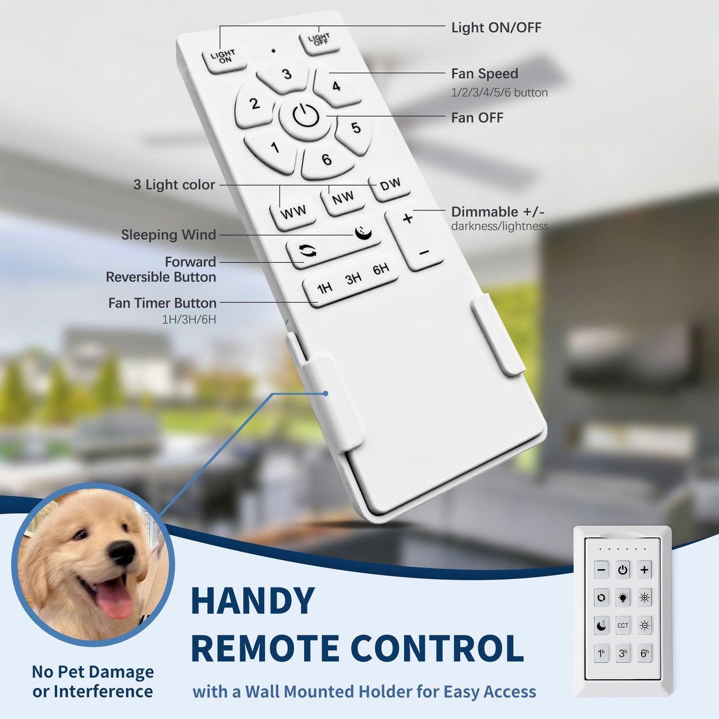 Ceiling fan remote control in white with Light On/Off, 1-6 fan speed, reversible, 3 light color presets on Tampa Home & Garden Store
