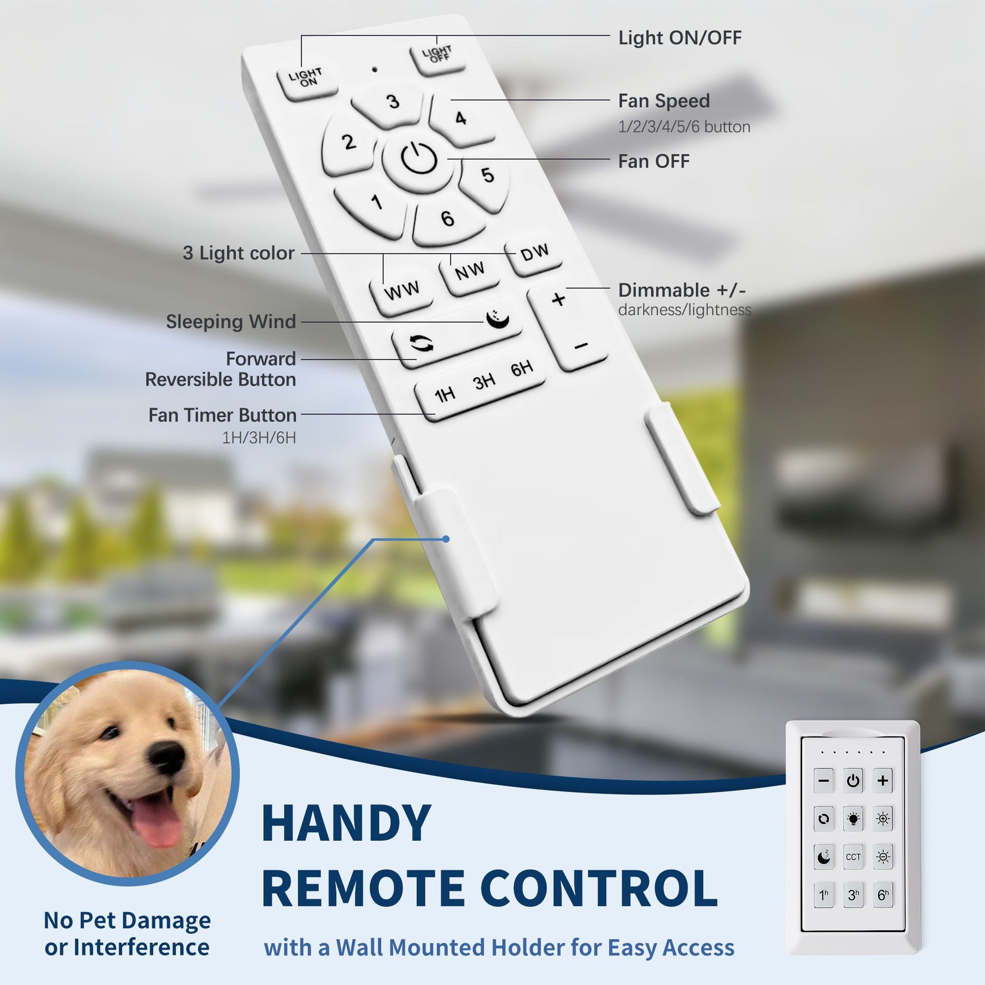 Ceiling fan remote control in white with Light On/Off, 1-6 fan speed, reversible, 3 light color presets on Tampa Home & Garden Store