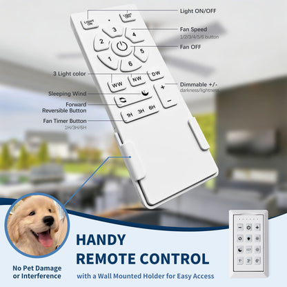 Ceiling fan remote control in white with Light On/Off, 1-6 fan speed, reversible, 3 light color presets on Tampa Home & Garden Store