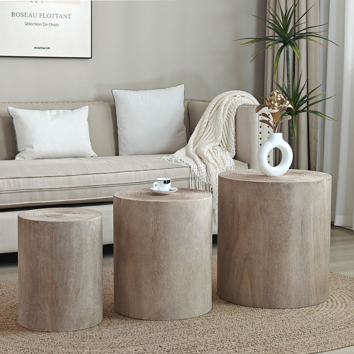 Cylinder Nesting Tables set of 3 in light brown engineered wood by HouseOfZazla on Tampa Home & Garden Store