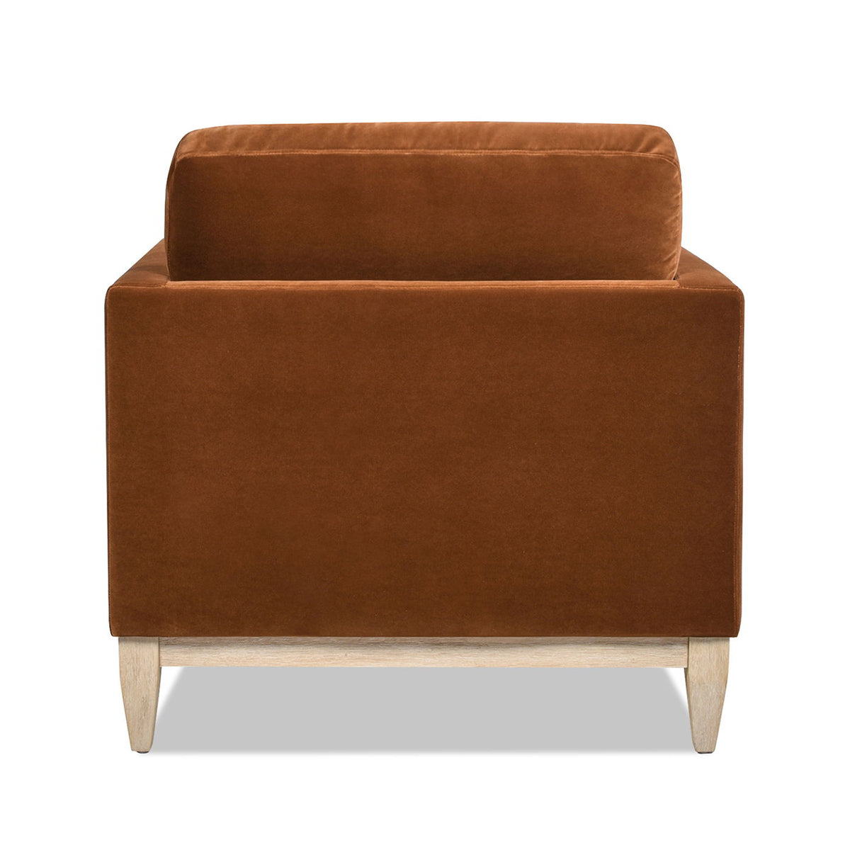 Modern Farmhouse Arm Chair by HouseOfZazla in caramel brown velvet with light wood legs on Tampa Home & Garden Store