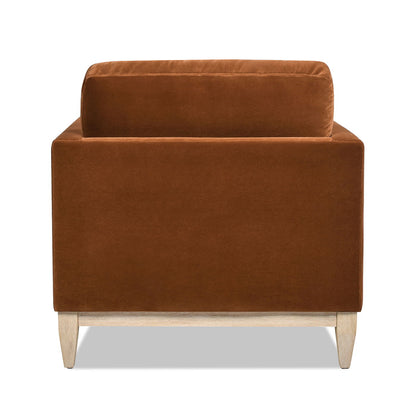 Modern Farmhouse Arm Chair by HouseOfZazla in caramel brown velvet with light wood legs on Tampa Home & Garden Store