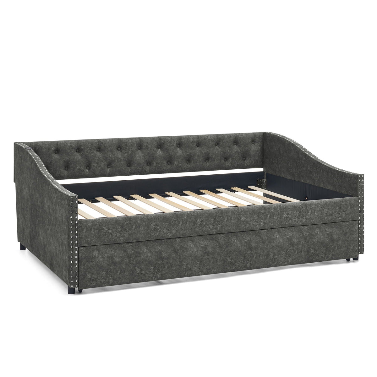 Upholstered Daybed with USB Charging & Pull-Out Bed, gray fabric, HouseOfZazla trundle bed frame on Tampa Home & Garden Store