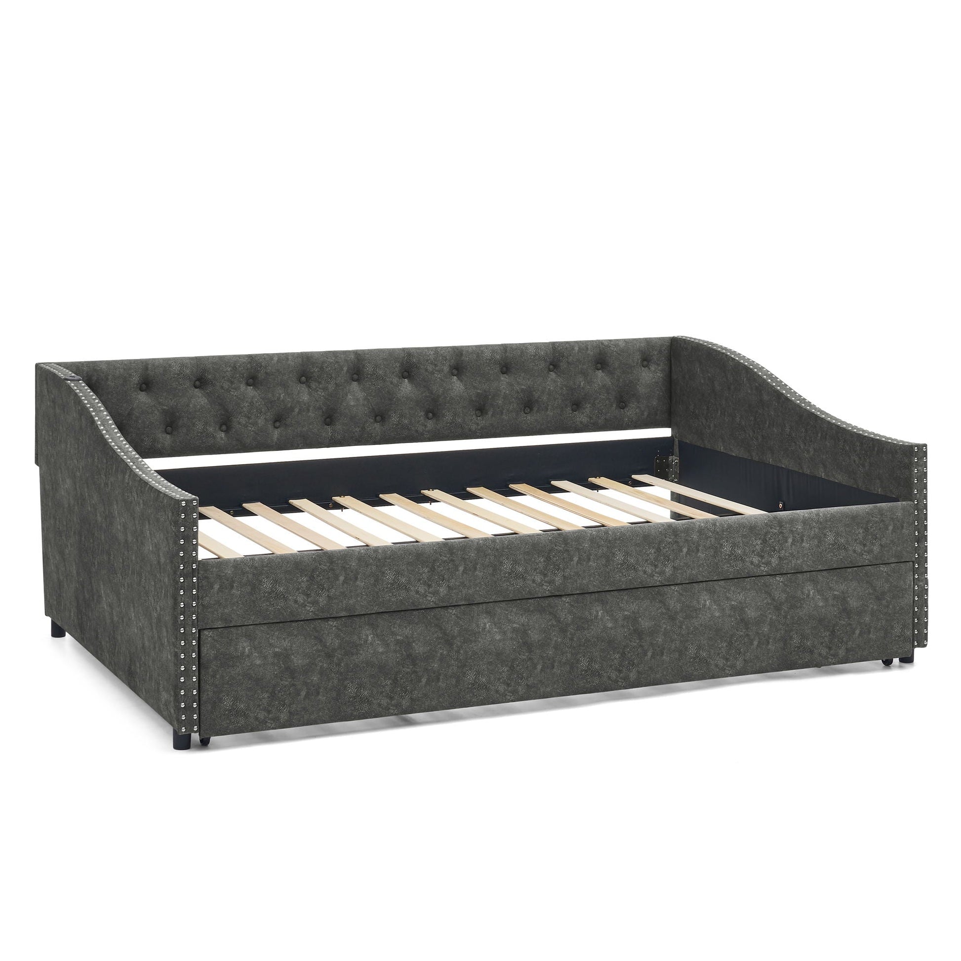 Upholstered Daybed with USB Charging & Pull-Out Bed, gray fabric, HouseOfZazla trundle bed frame on Tampa Home & Garden Store