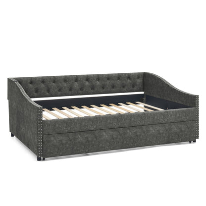 Upholstered Daybed with USB Charging & Pull-Out Bed, gray fabric, HouseOfZazla trundle bed frame on Tampa Home & Garden Store