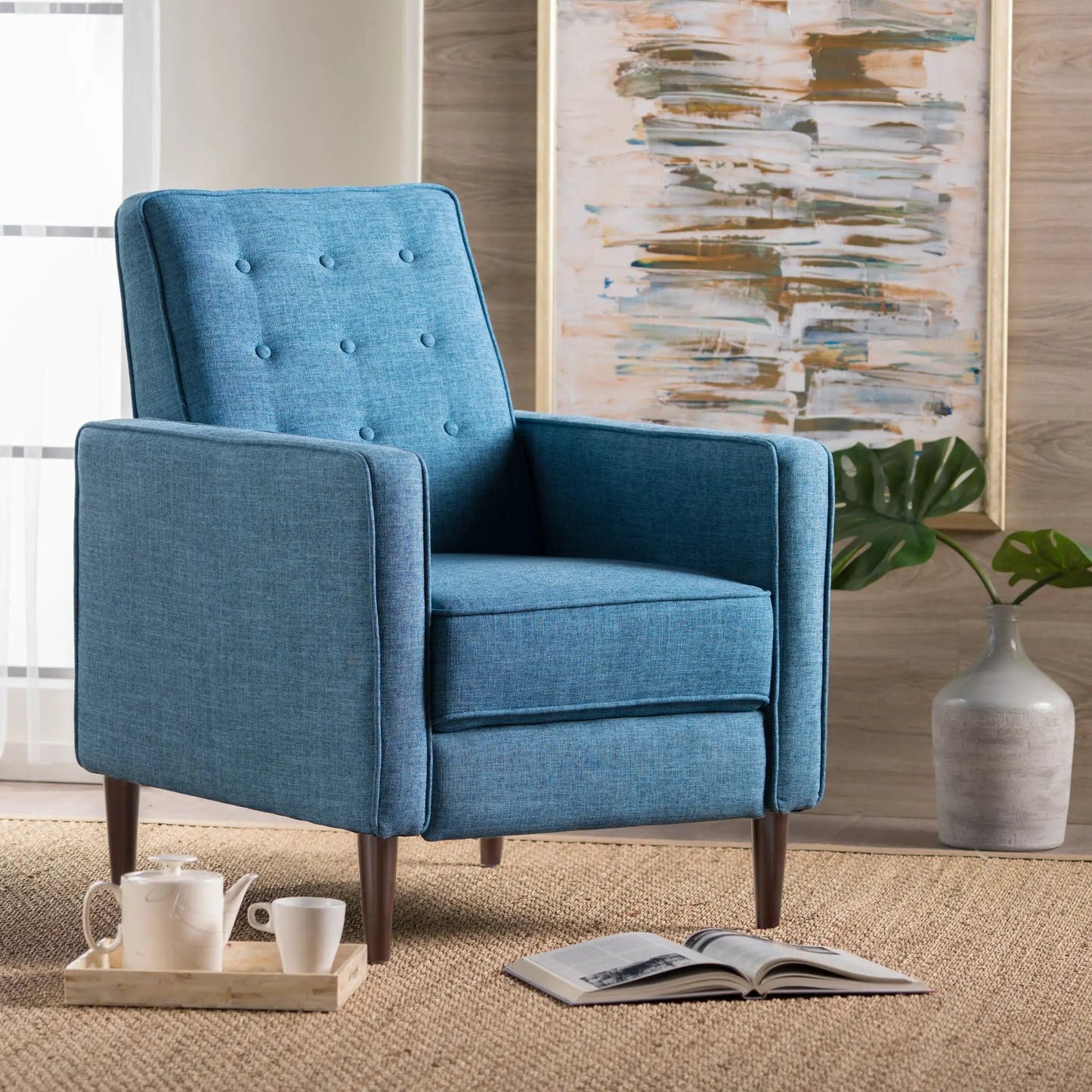 Mid-Century Modern blue recliner with button-tufted back and waffle stitch on Tampa Home & Garden Store