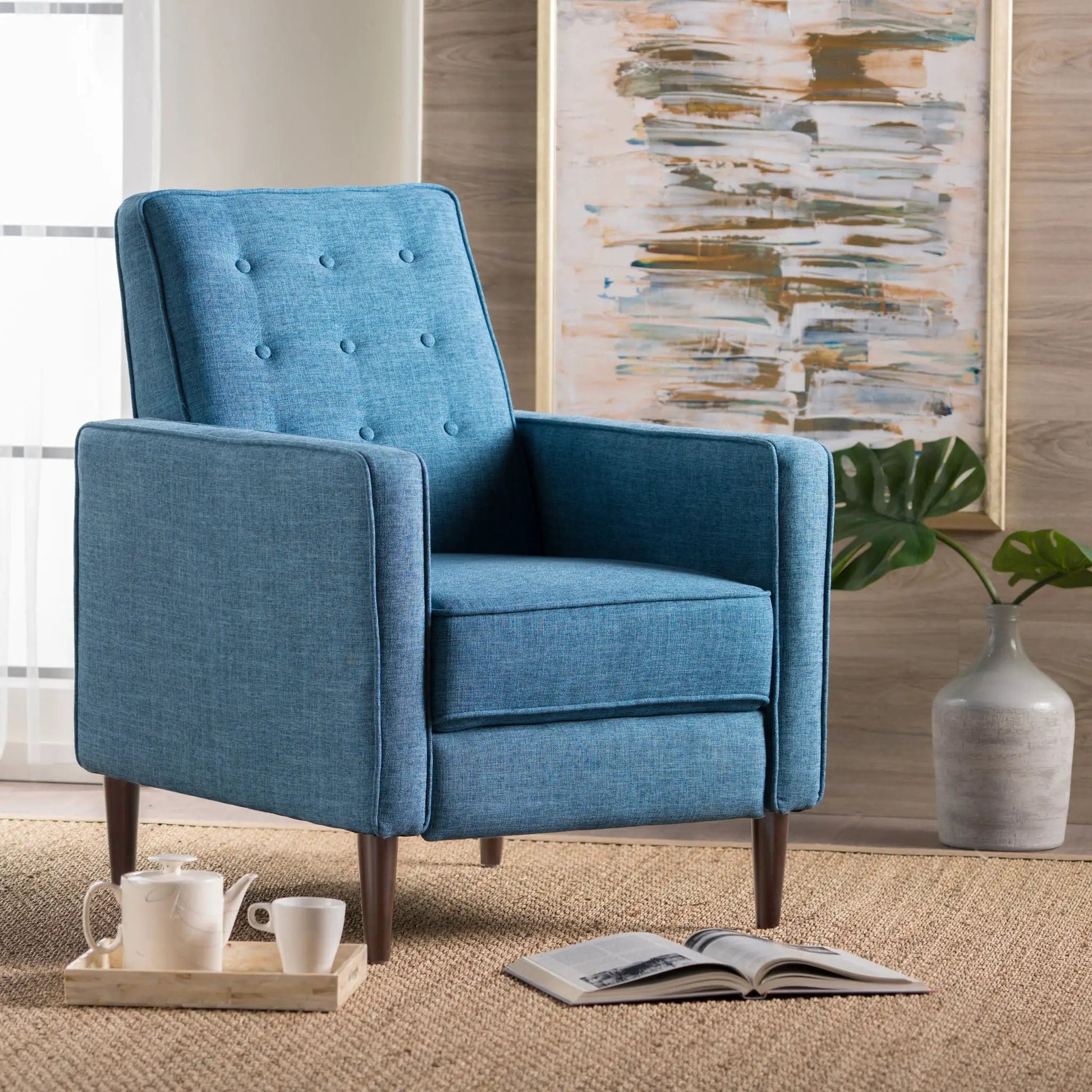 Mid-Century Modern blue recliner with button-tufted back and waffle stitch on Tampa Home & Garden Store