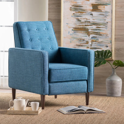 Mid-Century Modern blue recliner with button-tufted back and waffle stitch on Tampa Home & Garden Store