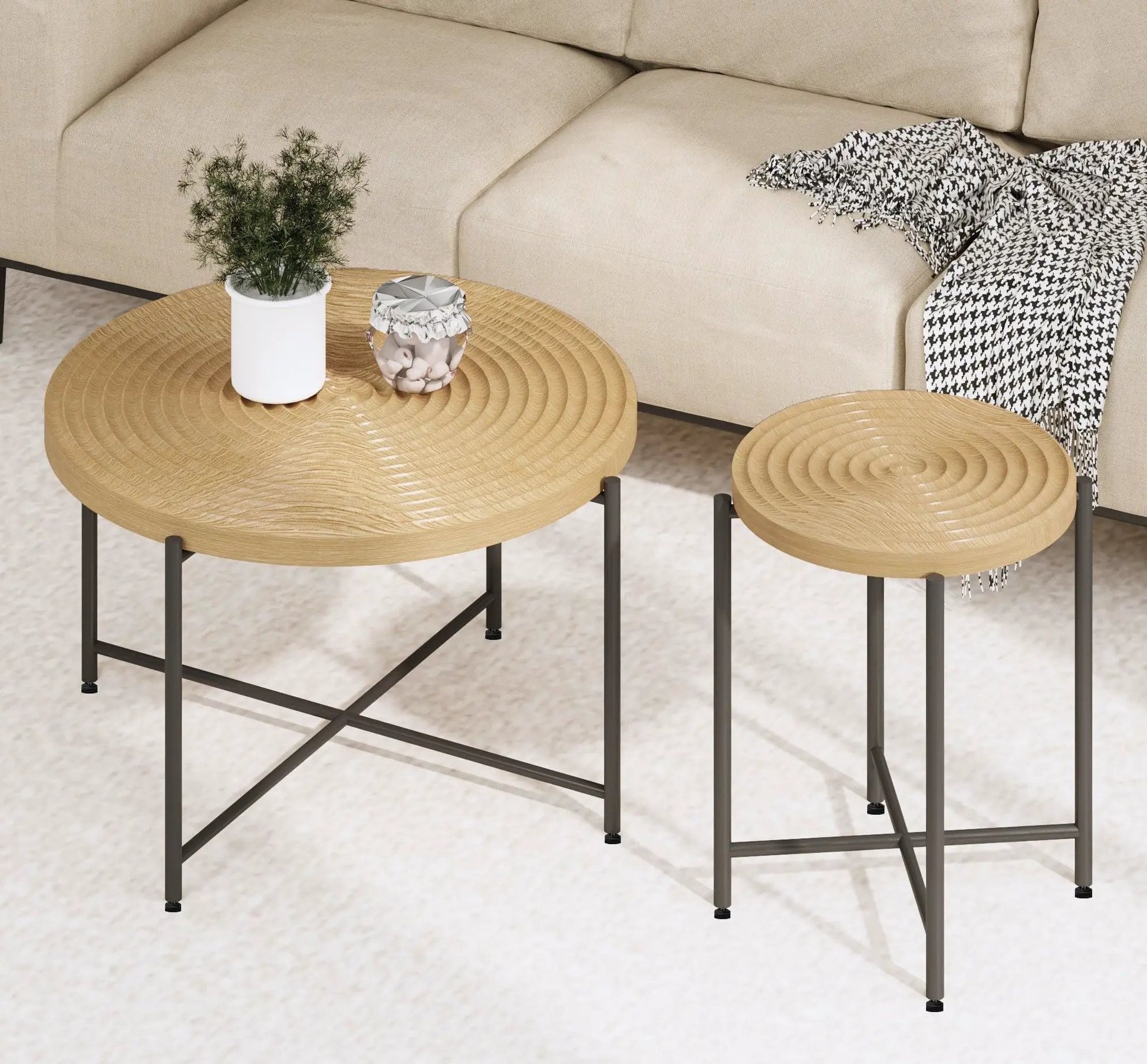 Coffee and end table set with round natural wood tops and black metal legs, set of 2 on Tampa Home & Garden Store