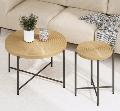 Coffee and end table set with round natural wood tops and black metal legs, set of 2 on Tampa Home & Garden Store