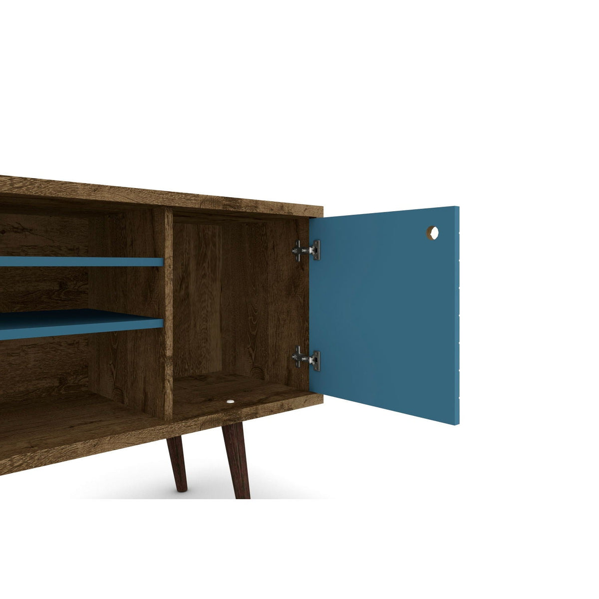 TV stand with storage in brown wood finish and blue shelves and door HouseOfZazla on Tampa Home & Garden Store