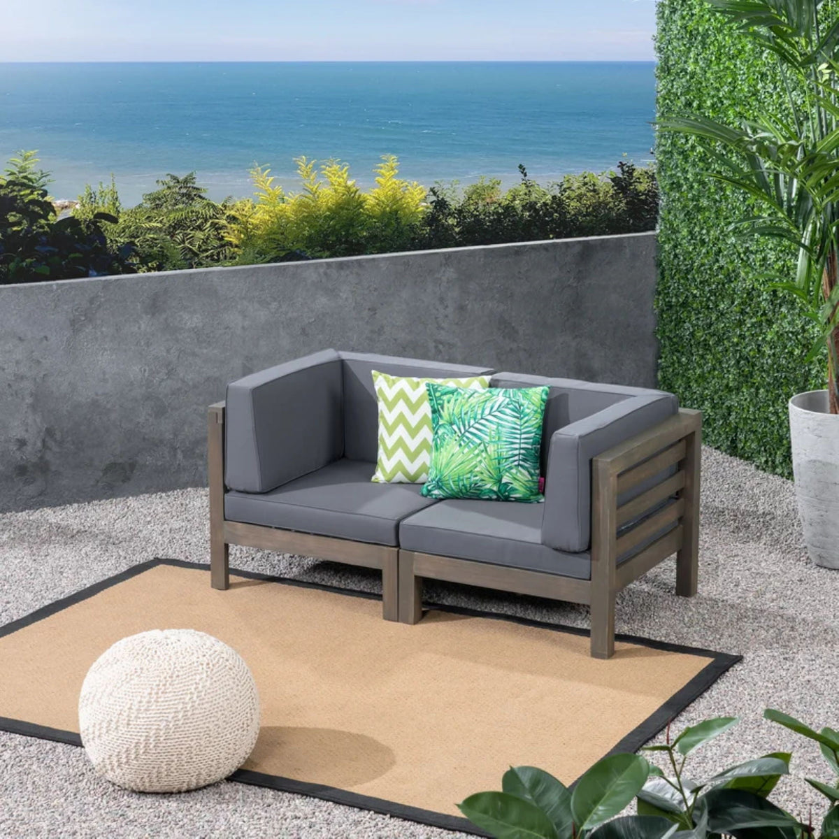 Oana 2-Piece Loveseat Set by HouseOfZazla with gray water-resistant cushions and wooden frame on Tampa Home & Garden Store