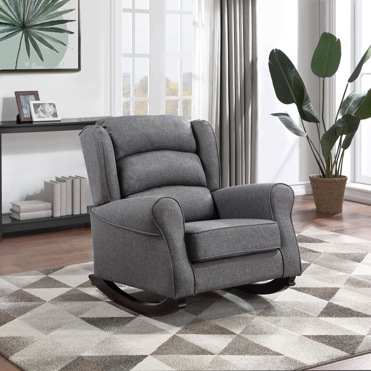 Fabien Rocking Chair gray fabric with dark wood rockers by HouseOfZazla in living room on Tampa Home & Garden Store