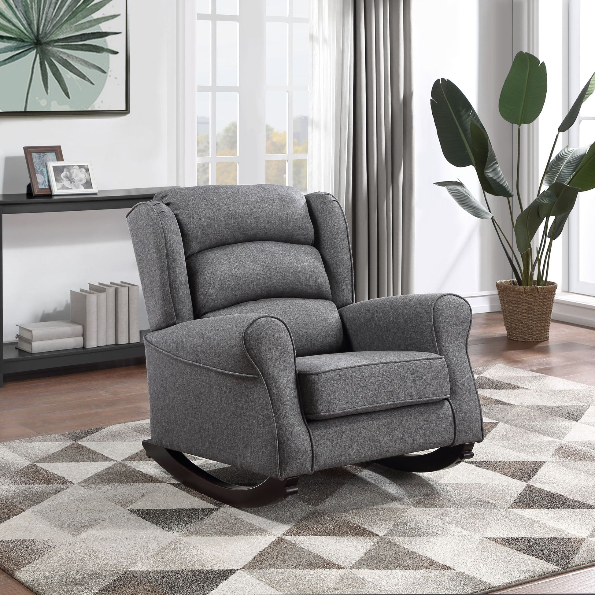 Fabien Rocking Chair gray fabric with dark wood rockers by HouseOfZazla in living room on Tampa Home & Garden Store