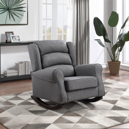 Fabien Rocking Chair gray fabric with dark wood rockers by HouseOfZazla in living room on Tampa Home & Garden Store