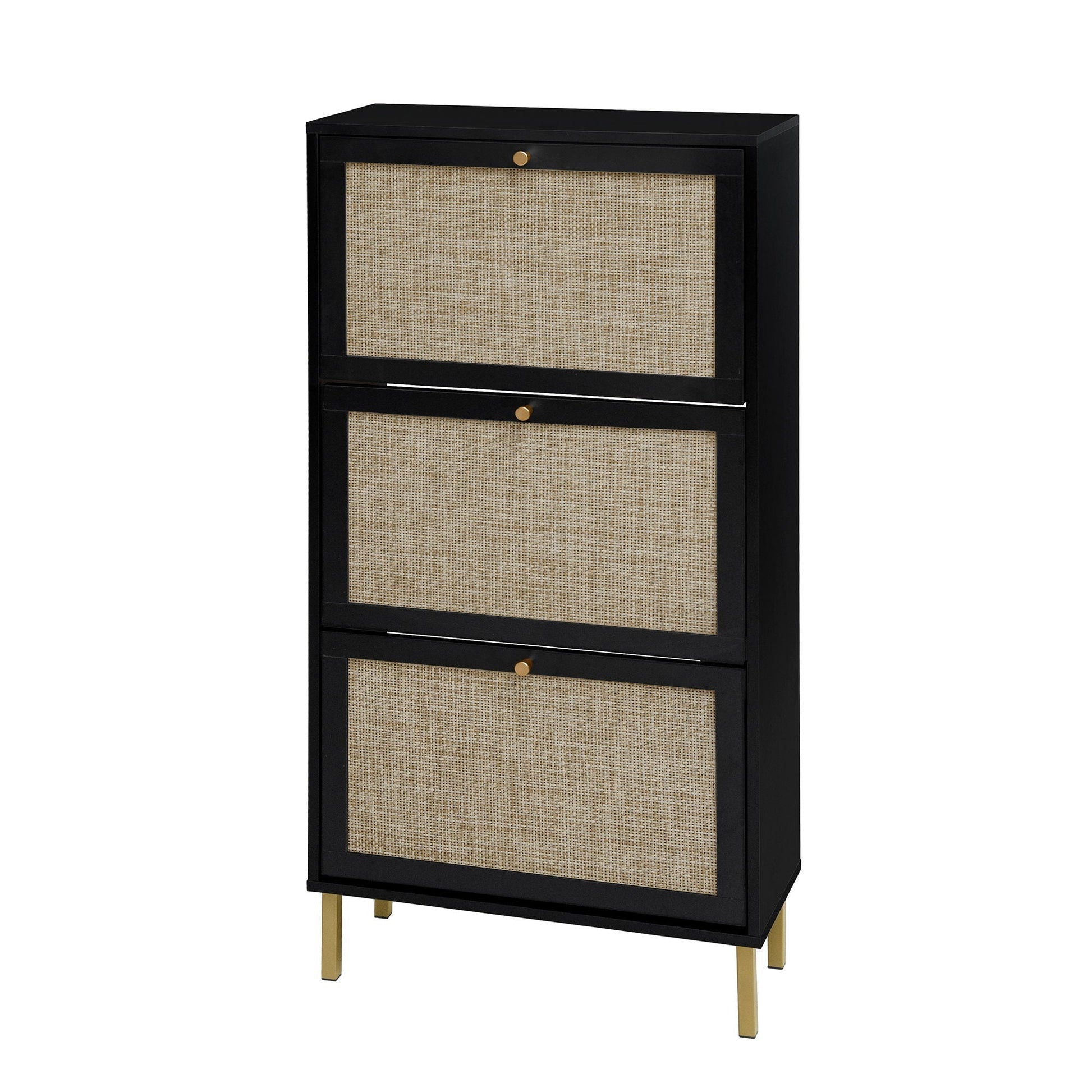 Modern rattan 3-door shoe cabinet in black frame with woven fronts gold legs HouseOfZazla on Tampa Home & Garden Store