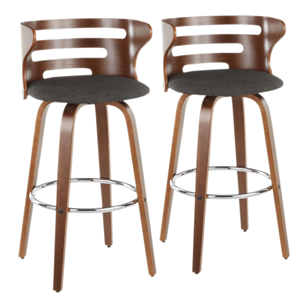 Mid Century Modern fixed-height swivel barstools set of 2; walnut wood frames, gray cushions on Tampa Home & Garden Store