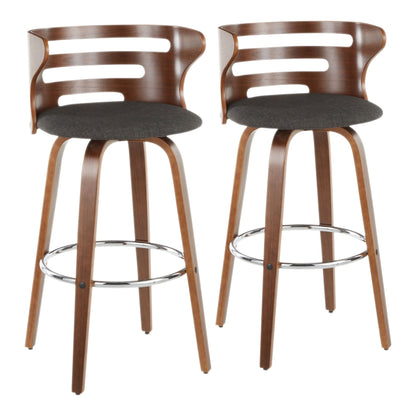 Mid Century Modern fixed-height swivel barstools set of 2; walnut wood frames, gray cushions on Tampa Home & Garden Store